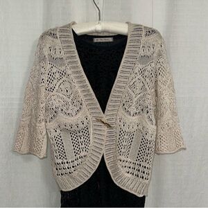 JM Collection M Ivory Knit Eyelet Crop Quarter Sleeve Open Front Cardigan